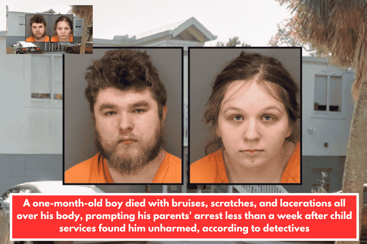 A one-month-old boy died with bruises, scratches, and lacerations all over his body, prompting his parents' arrest less than a week after child services found him unharmed, according to detectives