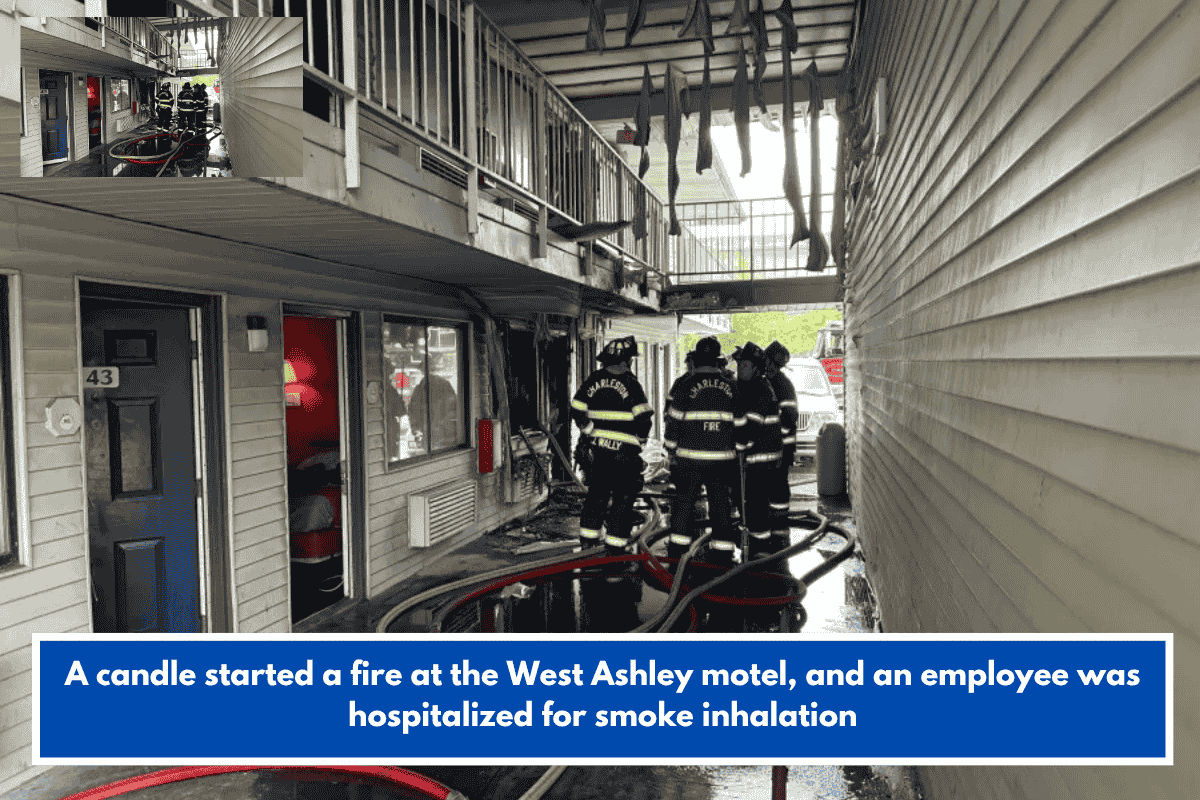 A candle started a fire at the West Ashley motel, and an employee was hospitalized for smoke inhalation