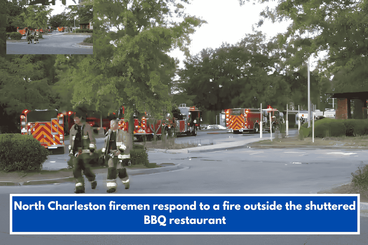 North Charleston firemen respond to a fire outside the shuttered BBQ restaurant