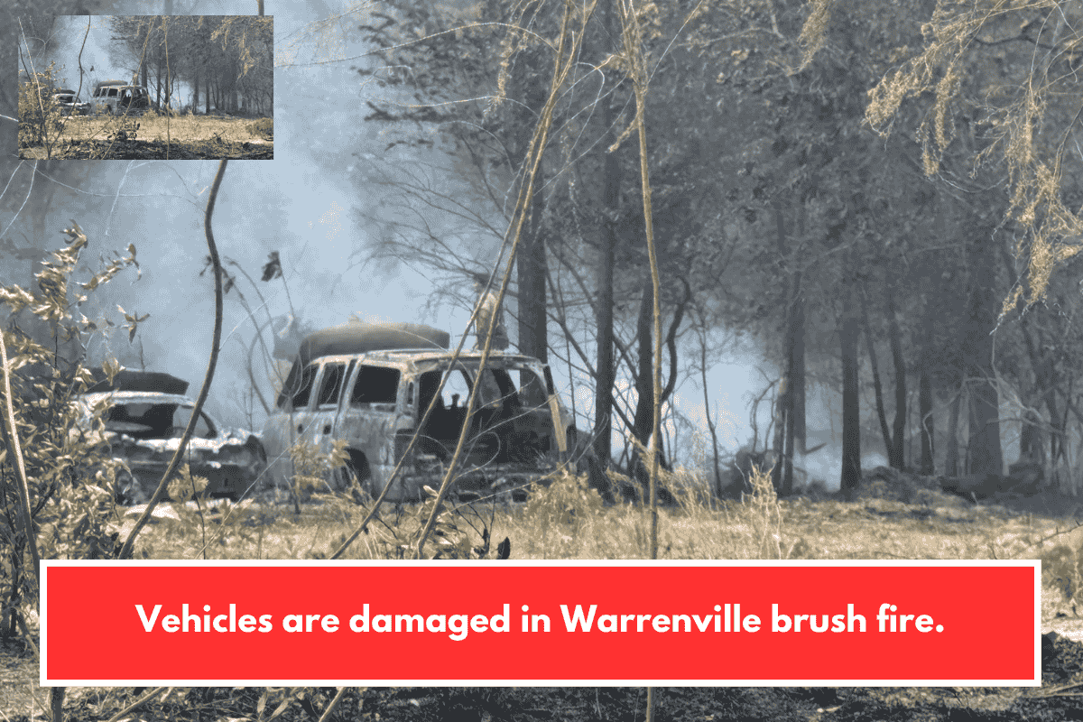 Vehicles are damaged in Warrenville brush fire.