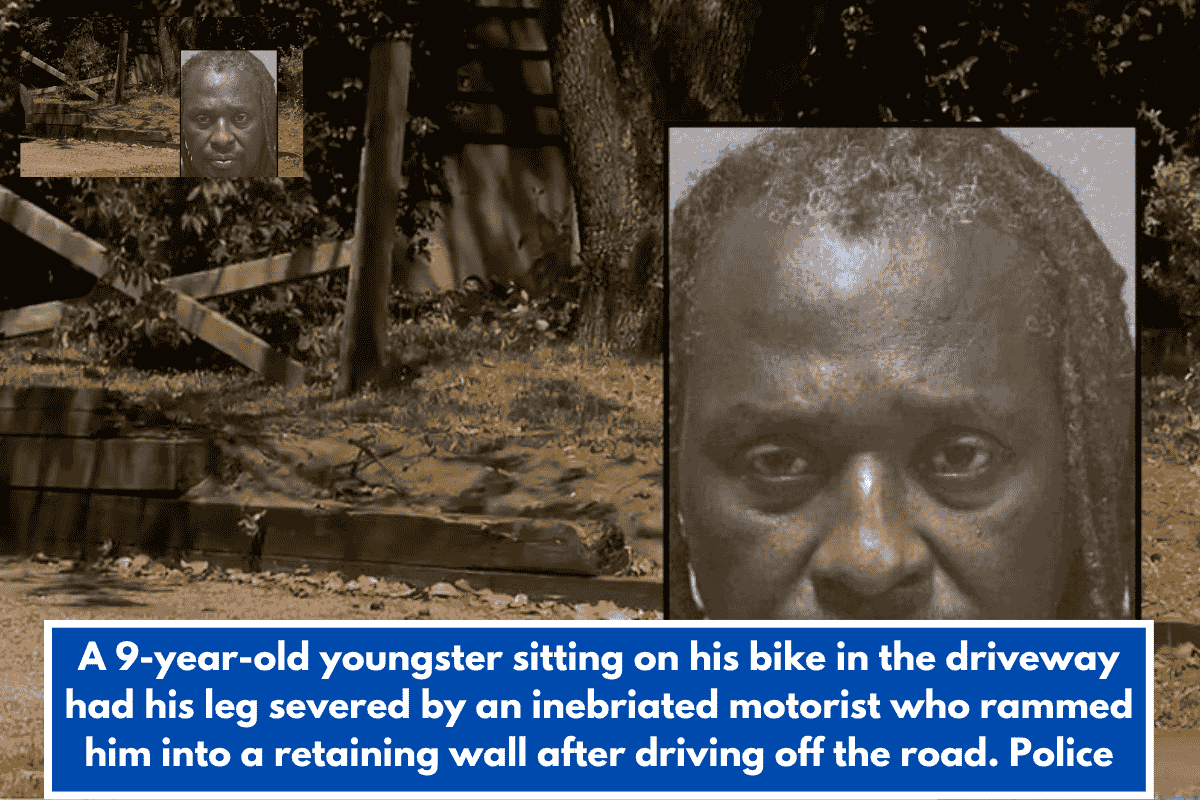 A 9-year-old youngster sitting on his bike in the driveway had his leg severed by an inebriated motorist who rammed him into a retaining wall after driving off the road. Police