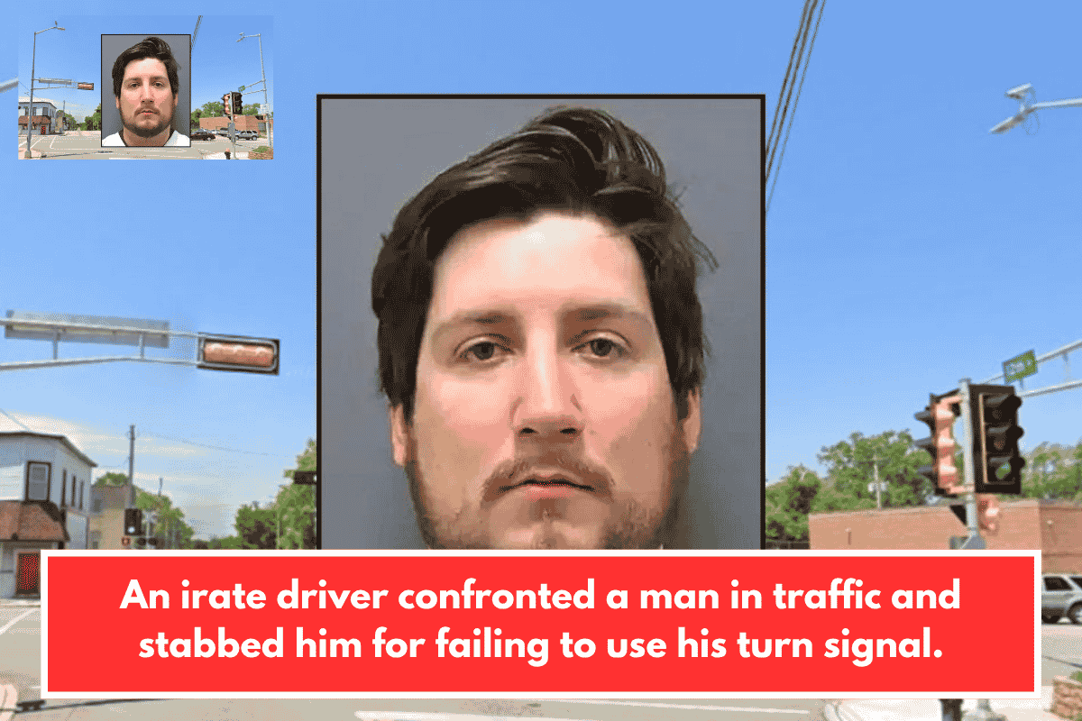 An irate driver confronted a man in traffic and stabbed him for failing to use his turn signal.