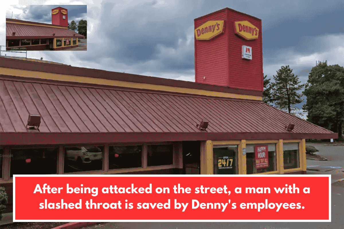 After being attacked on the street, a man with a slashed throat is saved by Denny's employees.