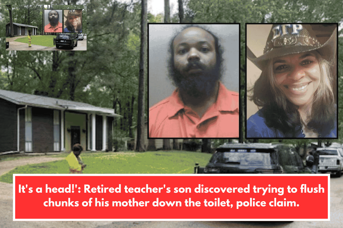 It's a head!': Retired teacher's son discovered trying to flush chunks of his mother down the toilet, police claim.