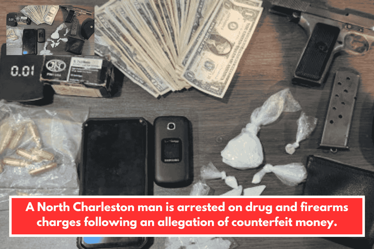 A North Charleston man is arrested on drug and firearms charges following an allegation of counterfeit money.