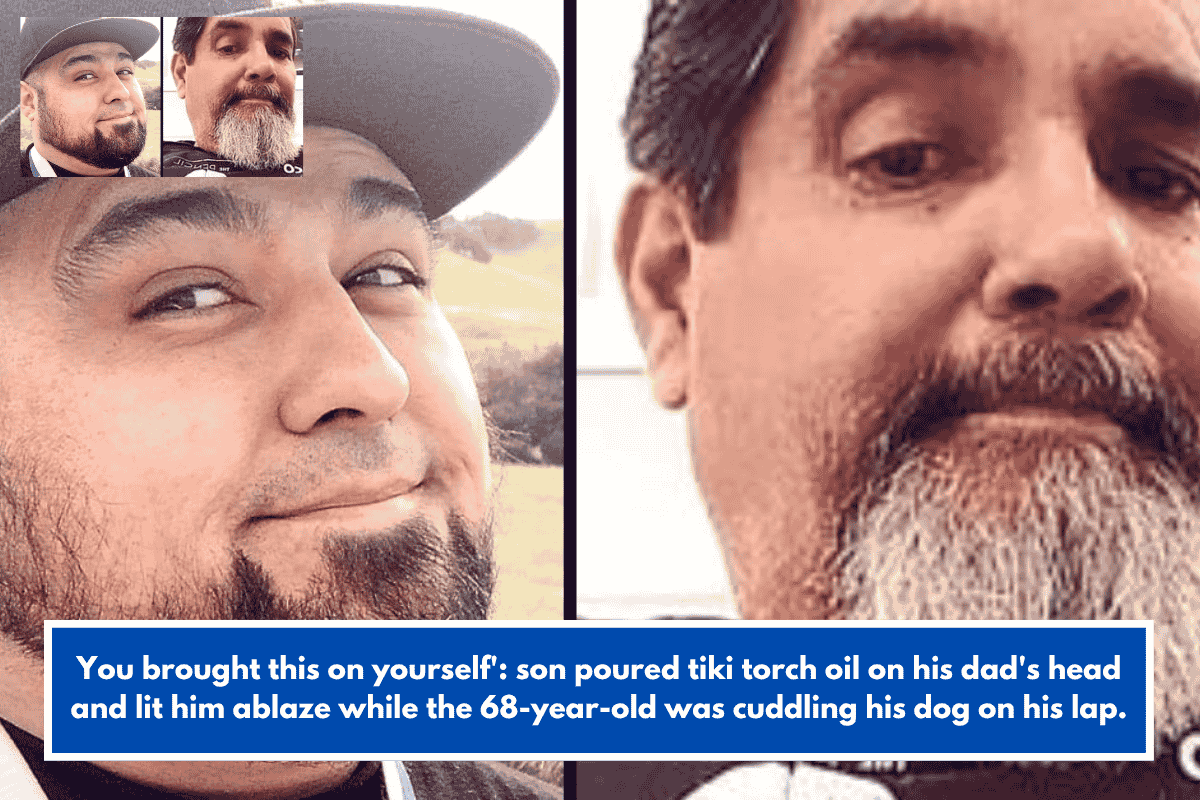 You brought this on yourself': son poured tiki torch oil on his dad's head and lit him ablaze while the 68-year-old was cuddling his dog on his lap.
