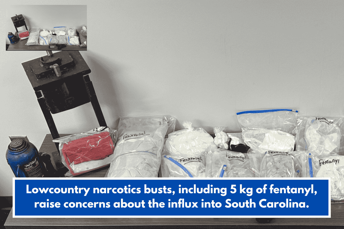 Lowcountry narcotics busts, including 5 kg of fentanyl, raise concerns about the influx into South Carolina.