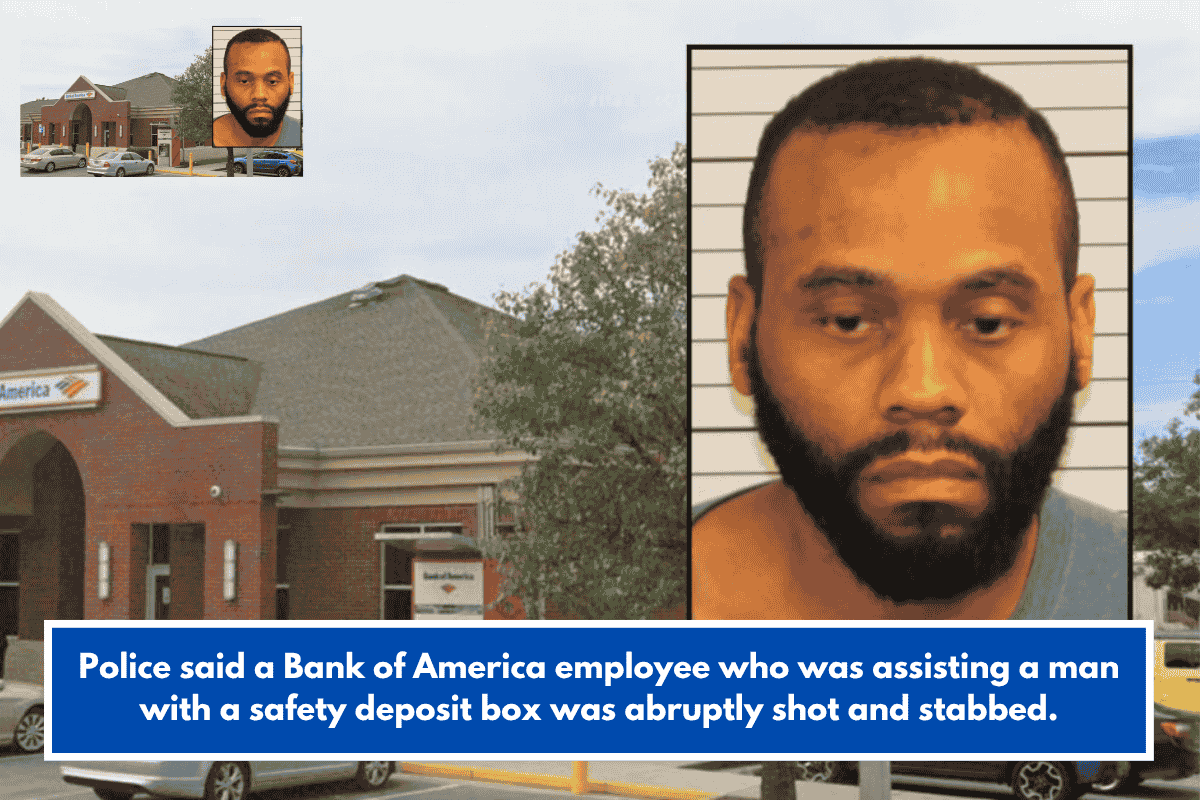Police said a Bank of America employee who was assisting a man with a safety deposit box was abruptly shot and stabbed.
