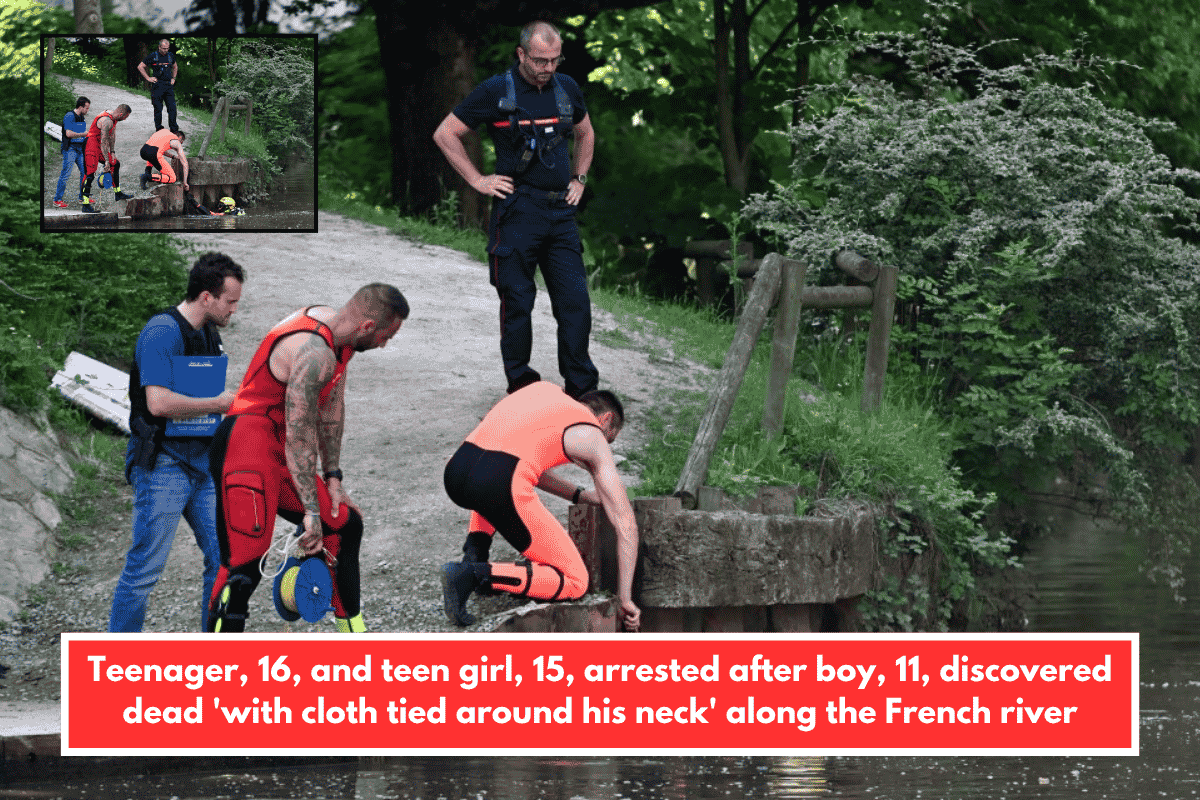 Teenager, 16, and teen girl, 15, arrested after boy, 11, discovered dead 'with cloth tied around his neck' along the French river