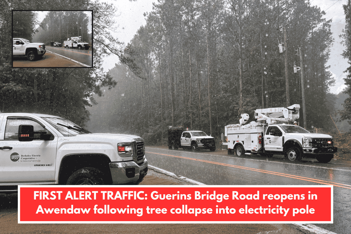 FIRST ALERT TRAFFIC: Guerins Bridge Road reopens in Awendaw following tree collapse into electricity pole