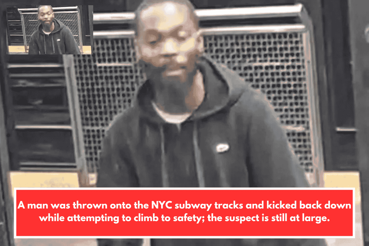 A man was thrown onto the NYC subway tracks and kicked back down while attempting to climb to safety; the suspect is still at large.