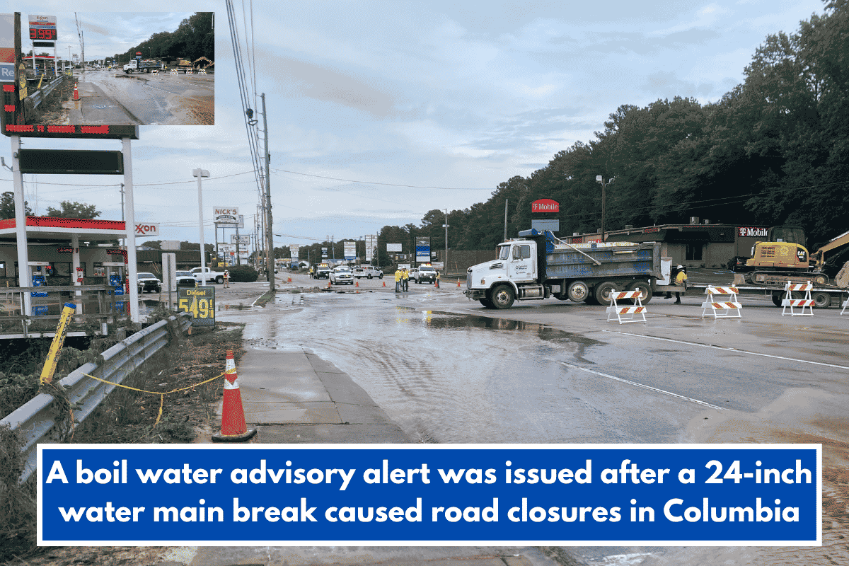 A boil water advisory alert was issued after a 24-inch water main break caused road closures in Columbia
