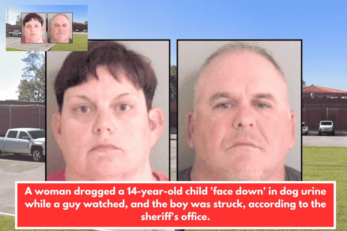 A woman dragged a 14-year-old child 'face down' in dog urine while a guy watched, and the boy was struck, according to the sheriff's office.