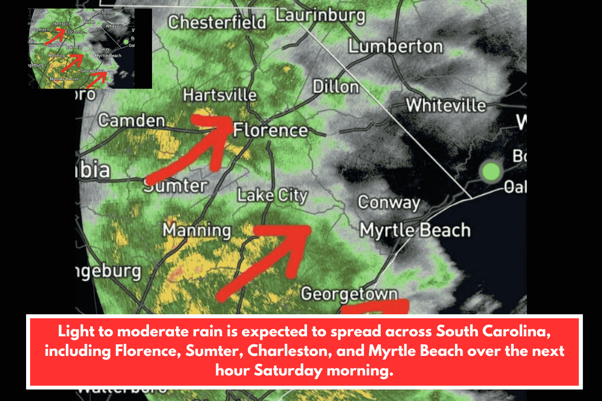 Light to moderate rain is expected to spread across South Carolina, including Florence, Sumter, Charleston, and Myrtle Beach over the next hour Saturday morning.