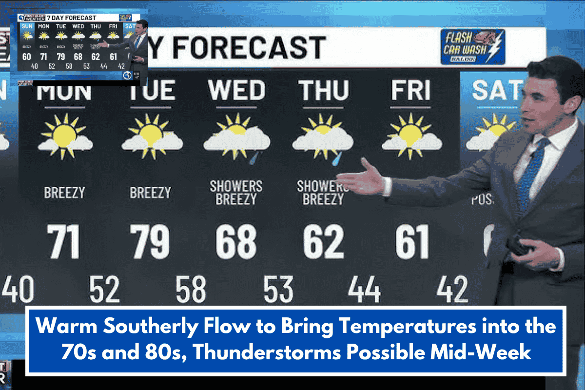 Warm Southerly Flow to Bring Temperatures into the 70s and 80s, Thunderstorms Possible Mid-Week