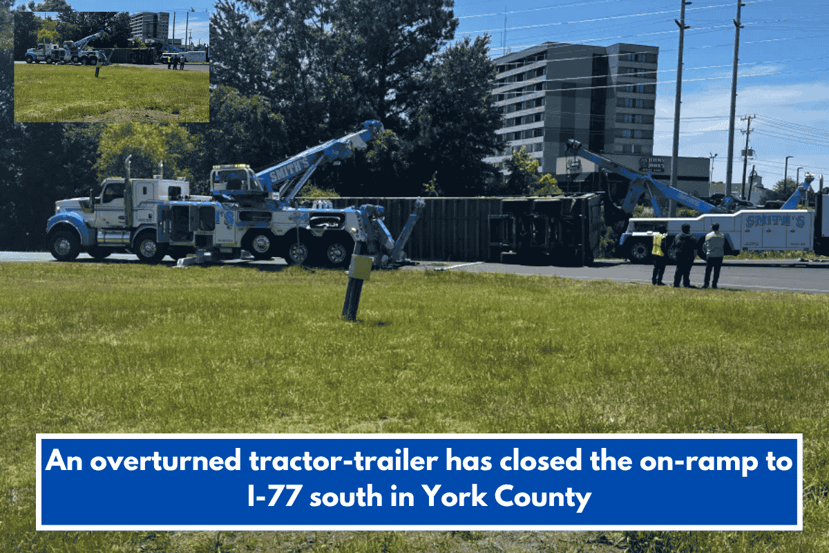 An overturned tractor-trailer has closed the on-ramp to I-77 south in York County