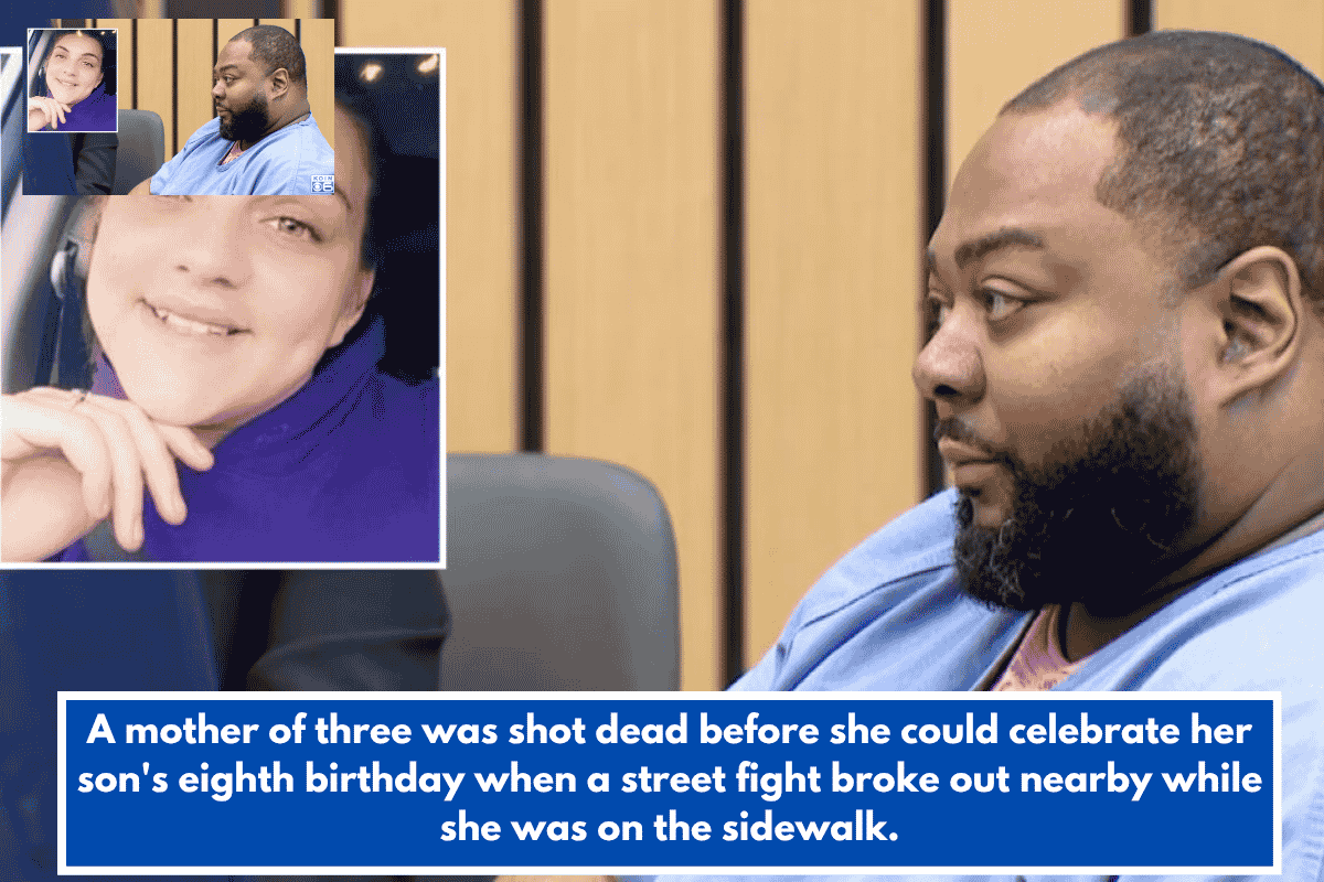 A mother of three was shot dead before she could celebrate her son's eighth birthday when a street fight broke out nearby while she was on the sidewalk.
