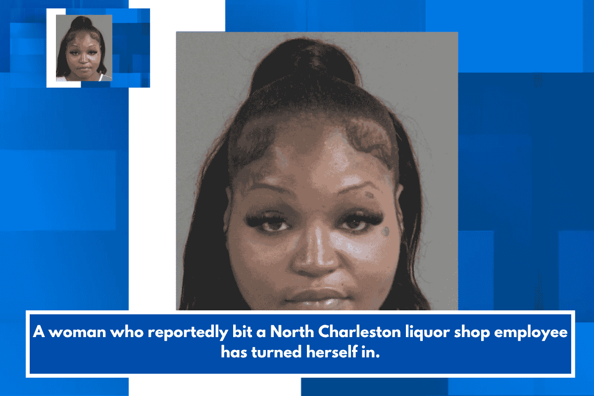 A woman who reportedly bit a North Charleston liquor shop employee has turned herself in.