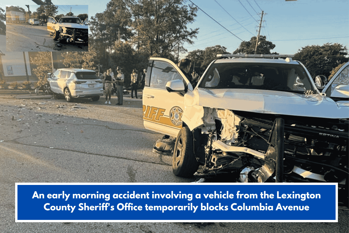 An early morning accident involving a vehicle from the Lexington County Sheriff's Office temporarily blocks Columbia Avenue