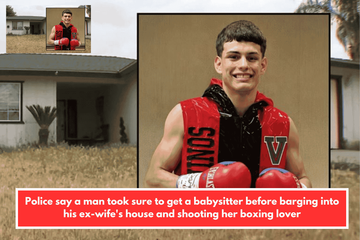 Police say a man took sure to get a babysitter before barging into his ex-wife's house and shooting her boxing lover