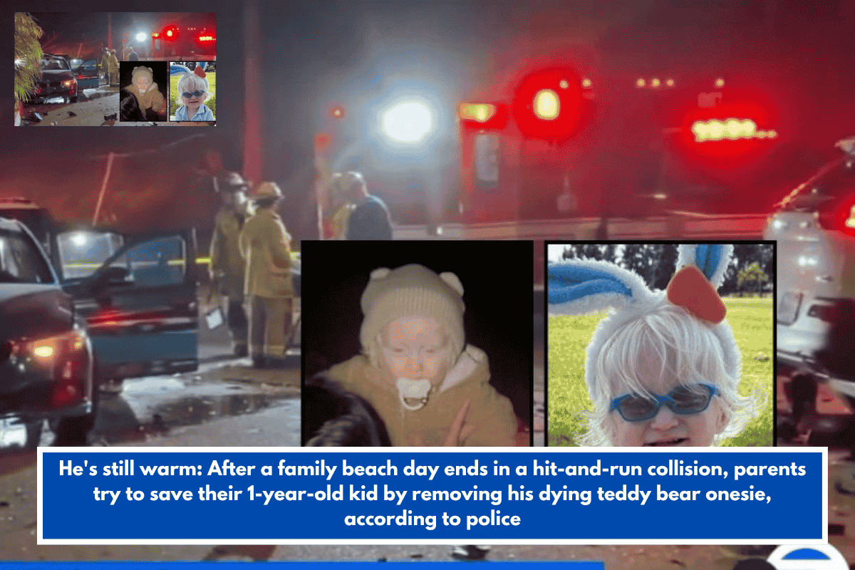 He's still warm: After a family beach day ends in a hit-and-run collision, parents try to save their 1-year-old kid by removing his dying teddy bear onesie, according to police
