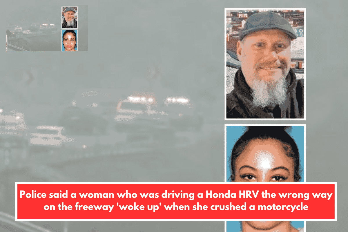 Police said a woman who was driving a Honda HRV the wrong way on the freeway 'woke up' when she crushed a motorcycle