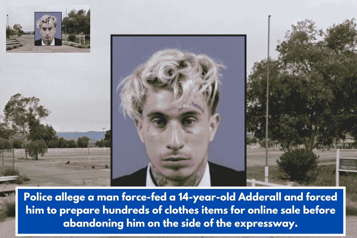 Police allege a man force-fed a 14-year-old Adderall and forced him to prepare hundreds of clothes items for online sale before abandoning him on the side of the expressway.