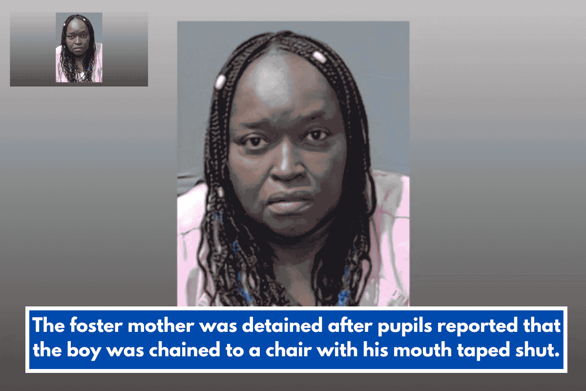 The foster mother was detained after pupils reported that the boy was chained to a chair with his mouth taped shut.