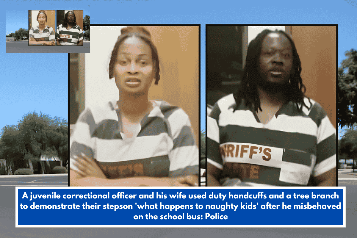 A juvenile correctional officer and his wife used duty handcuffs and a tree branch to demonstrate their stepson 'what happens to naughty kids' after he misbehaved on the school bus: Police