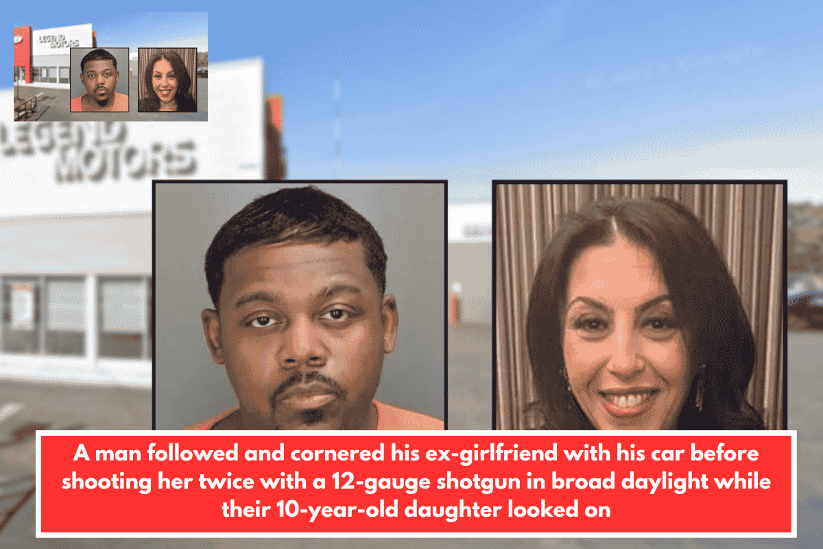 A man followed and cornered his ex-girlfriend with his car before shooting her twice with a 12-gauge shotgun in broad daylight while their 10-year-old daughter looked on