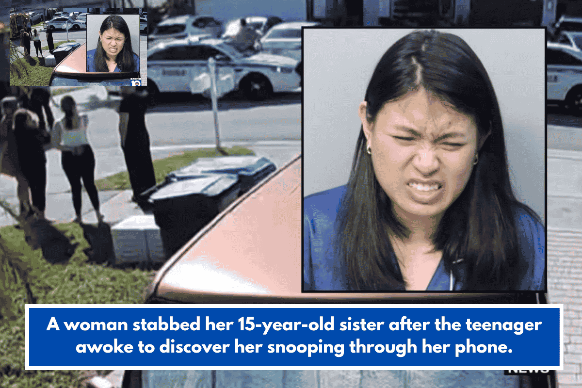 A woman stabbed her 15-year-old sister after the teenager awoke to discover her snooping through her phone