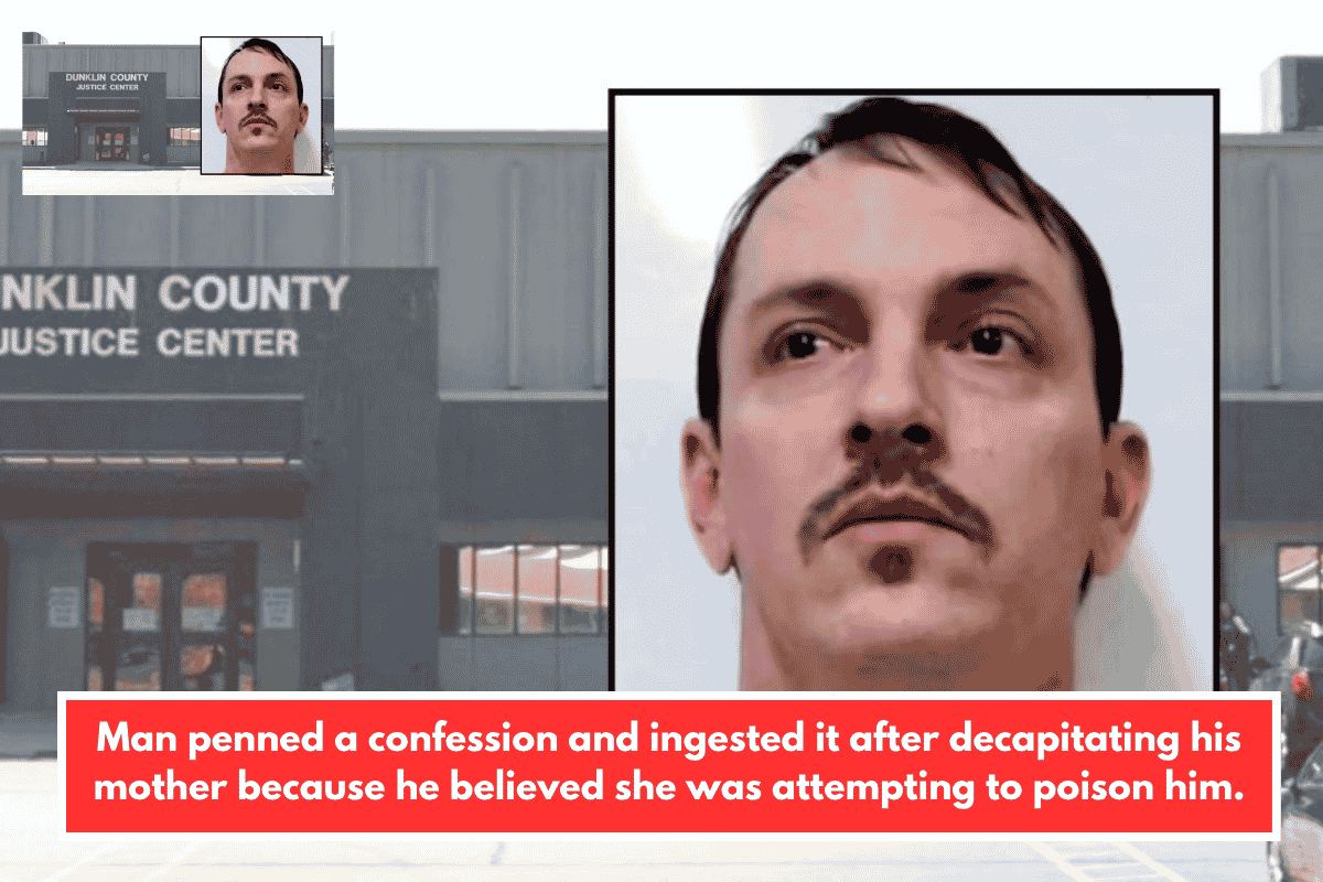 Man penned a confession and ingested it after decapitating his mother because he believed she was attempting to poison him.