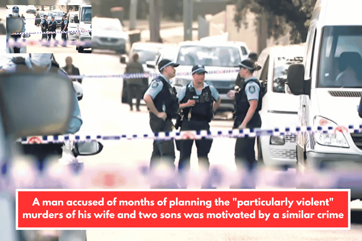 A man accused of months of planning the "particularly violent" murders of his wife and two sons was motivated by a similar crime