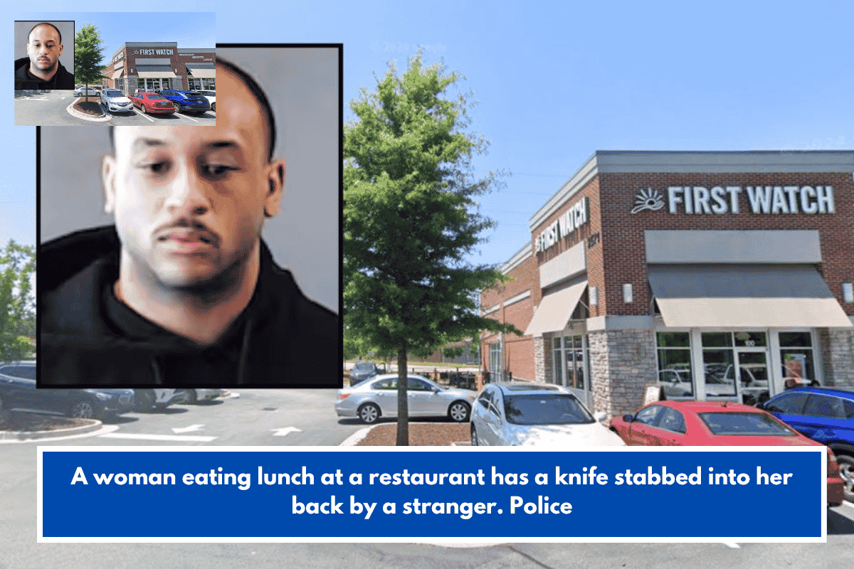 A woman eating lunch at a restaurant has a knife stabbed into her back by a stranger. Police