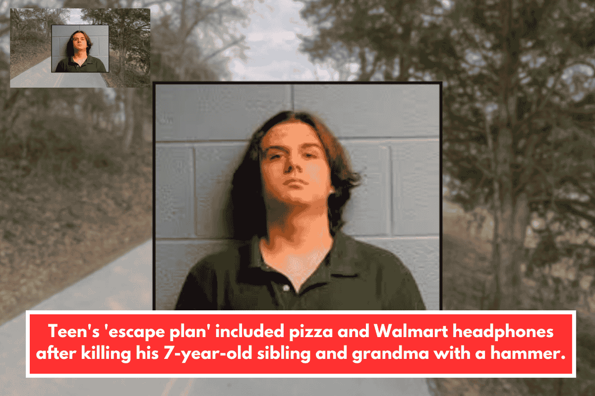 Teen's 'escape plan' included pizza and Walmart headphones after killing his 7-year-old sibling and grandma with a hammer.