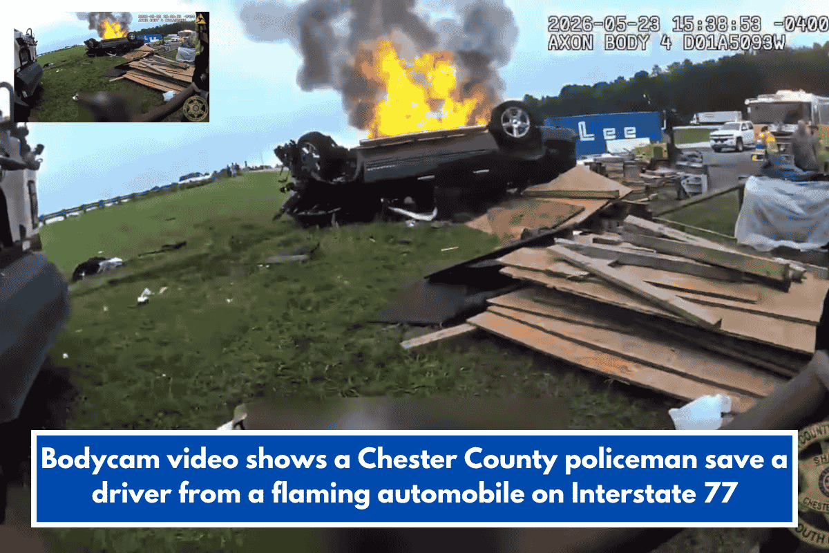 Bodycam video shows a Chester County policeman save a driver from a flaming automobile on Interstate 77