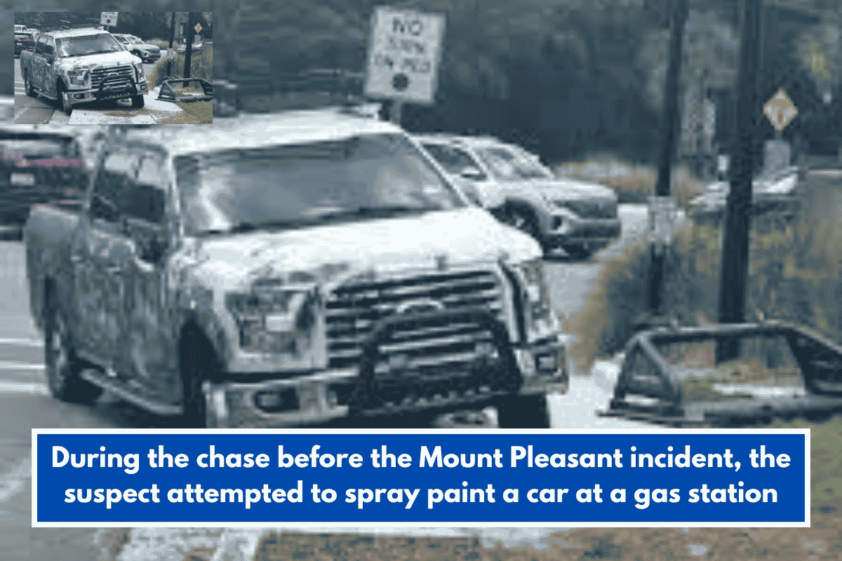 During the chase before the Mount Pleasant incident, the suspect attempted to spray paint a car at a gas station