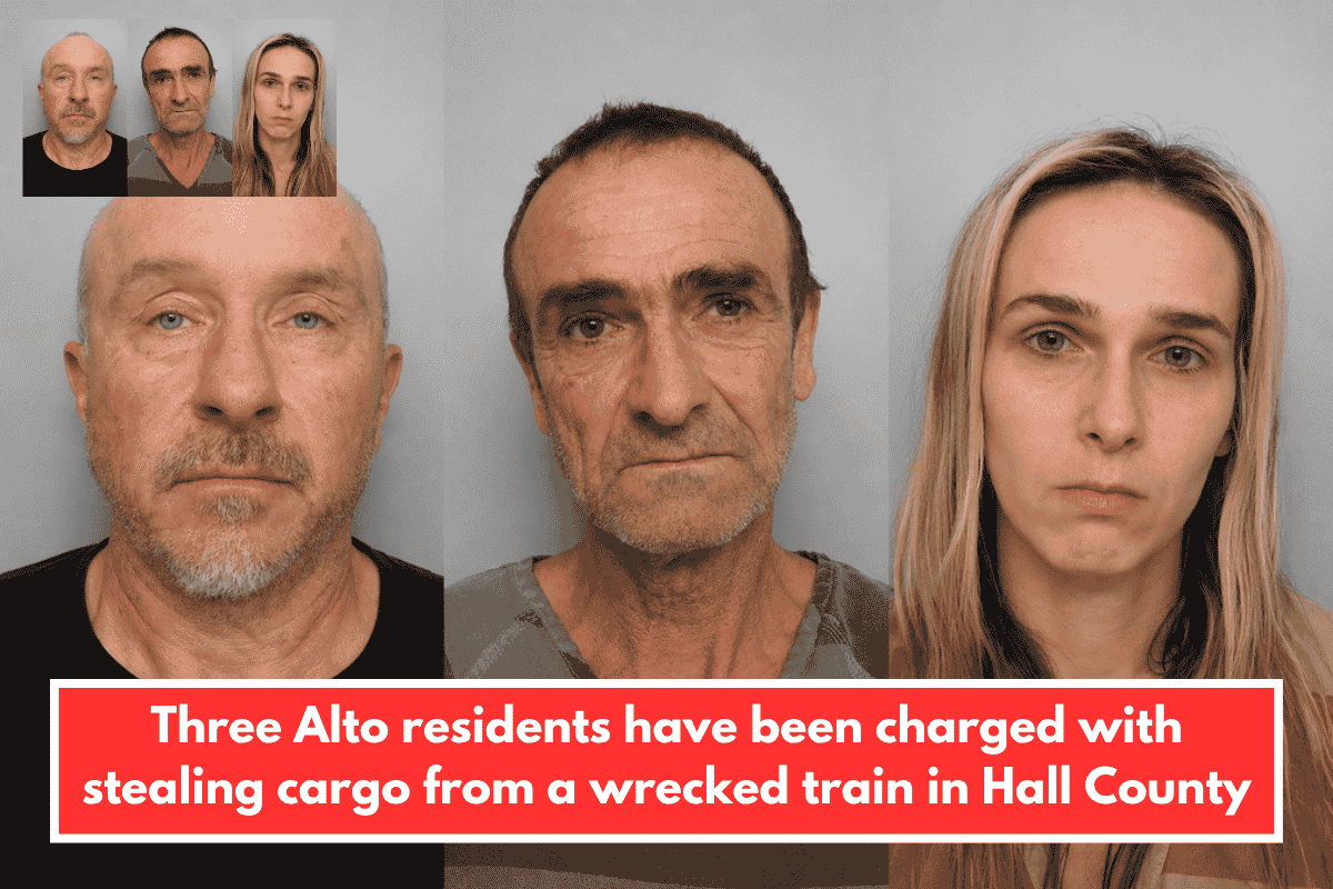 Three Alto residents have been charged with stealing cargo from a wrecked train in Hall County