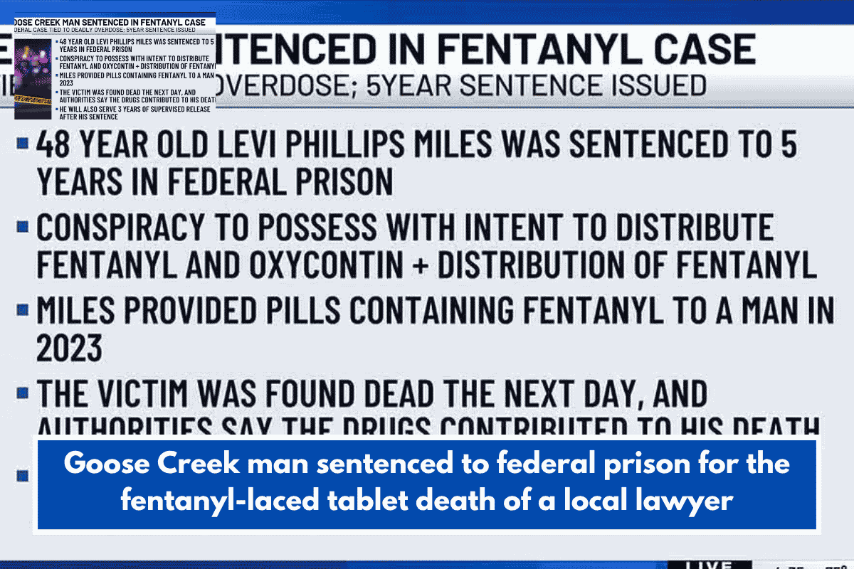 Goose Creek man sentenced to federal prison for the fentanyl-laced tablet death of a local lawyer