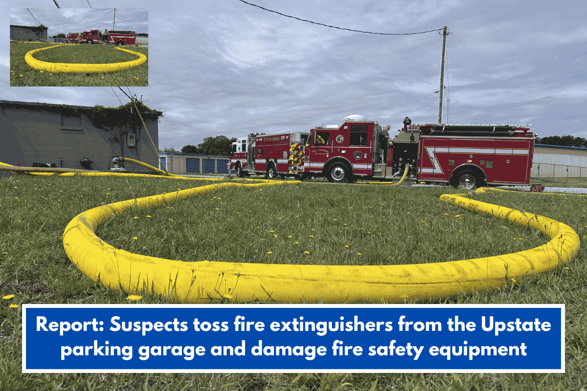 Report: Suspects toss fire extinguishers from the Upstate parking garage and damage fire safety equipment