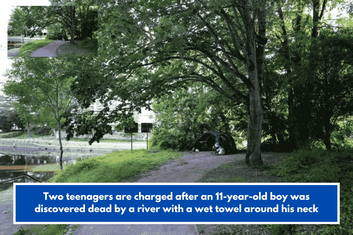 Two teenagers are charged after an 11-year-old boy was discovered dead by a river with a wet towel around his neck