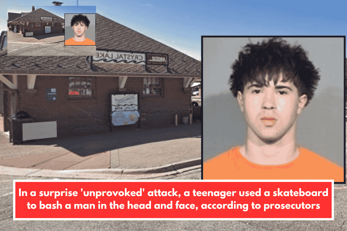 In a surprise 'unprovoked' attack, a teenager used a skateboard to bash a man in the head and face, according to prosecutors